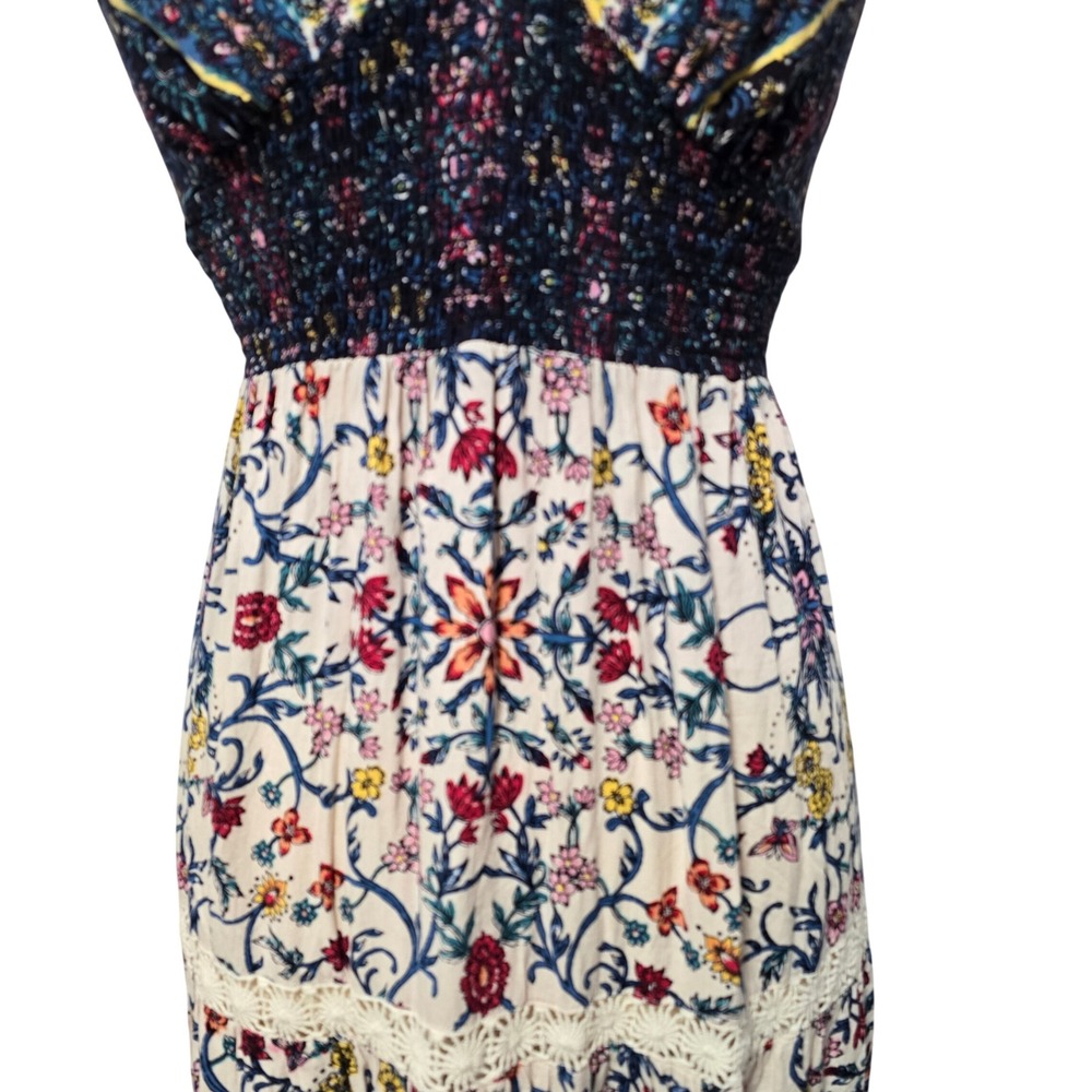 Angie Boho Floral Maxi Dress Medium Smocked Lace Trim Straps Flowy Festival Mix - Picture 4 of 14
